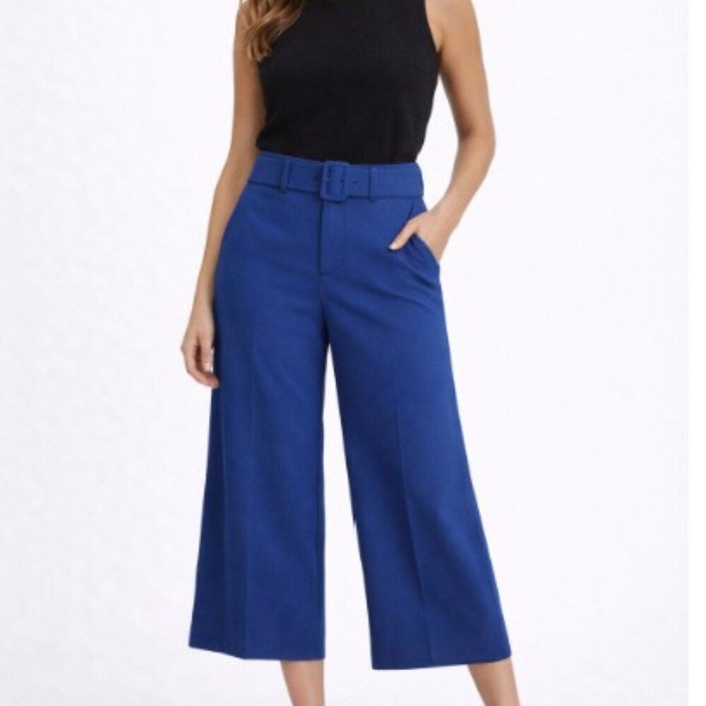 Ann Taylor Petite 8P Blue Belted Wide Leg Cropped Pants Culottes Workwear